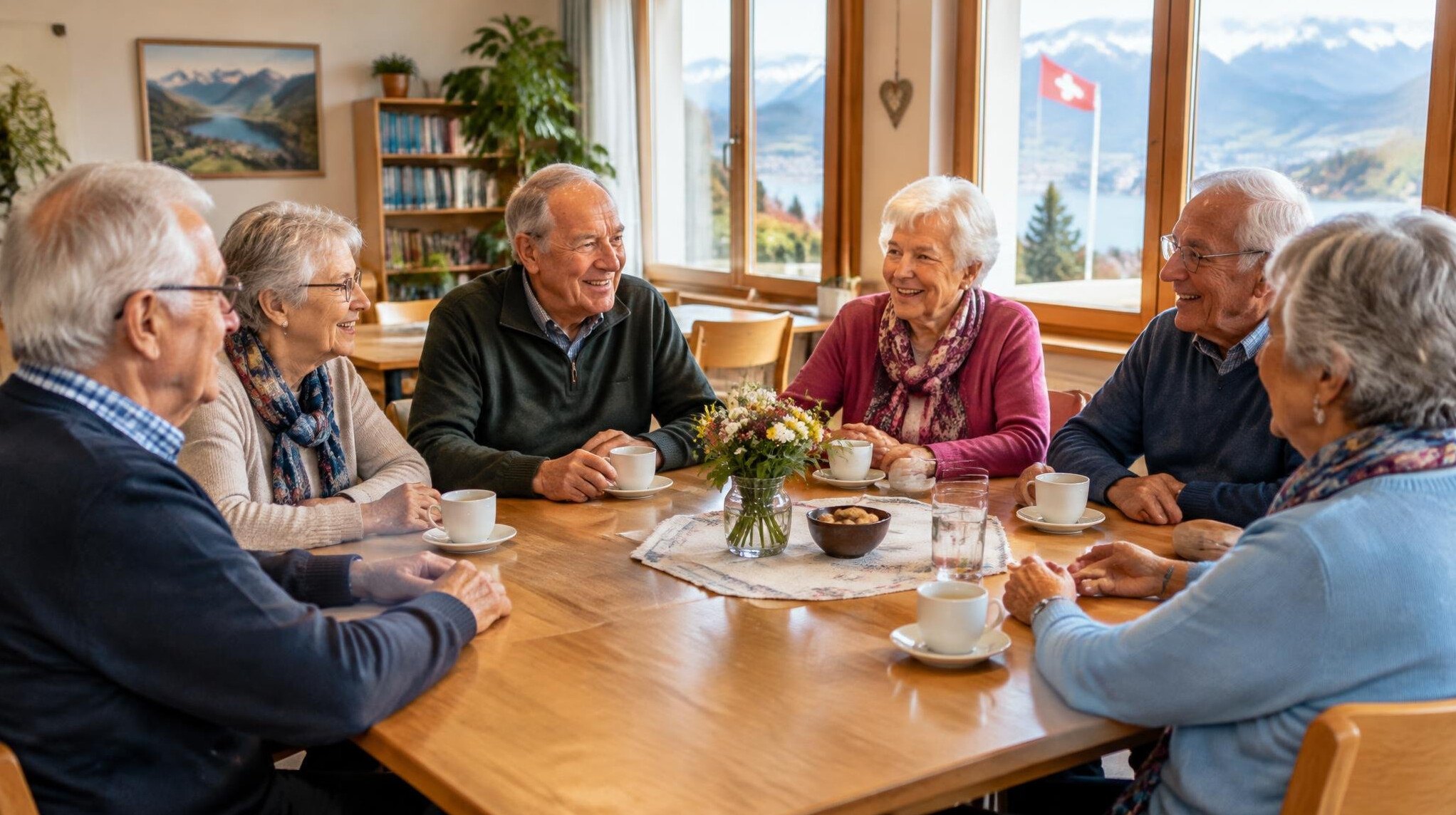 Elderly European friends sitting together chatting in a bright community room