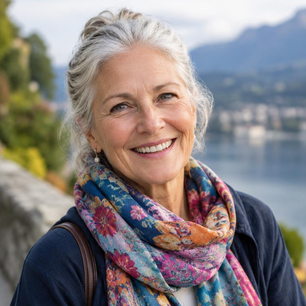 Portrait of a joyful senior European woman outdoors