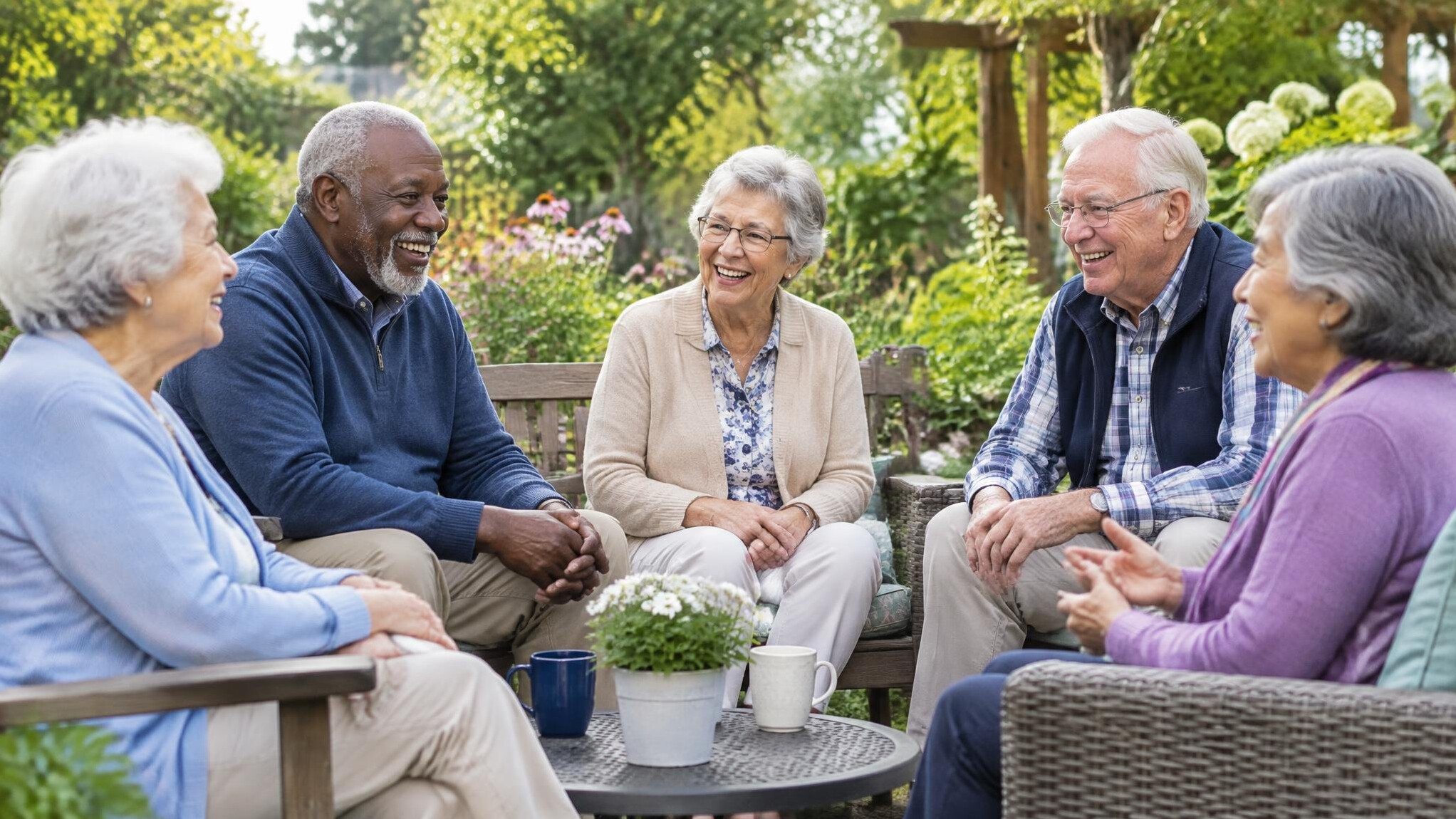seniors chatting in garden