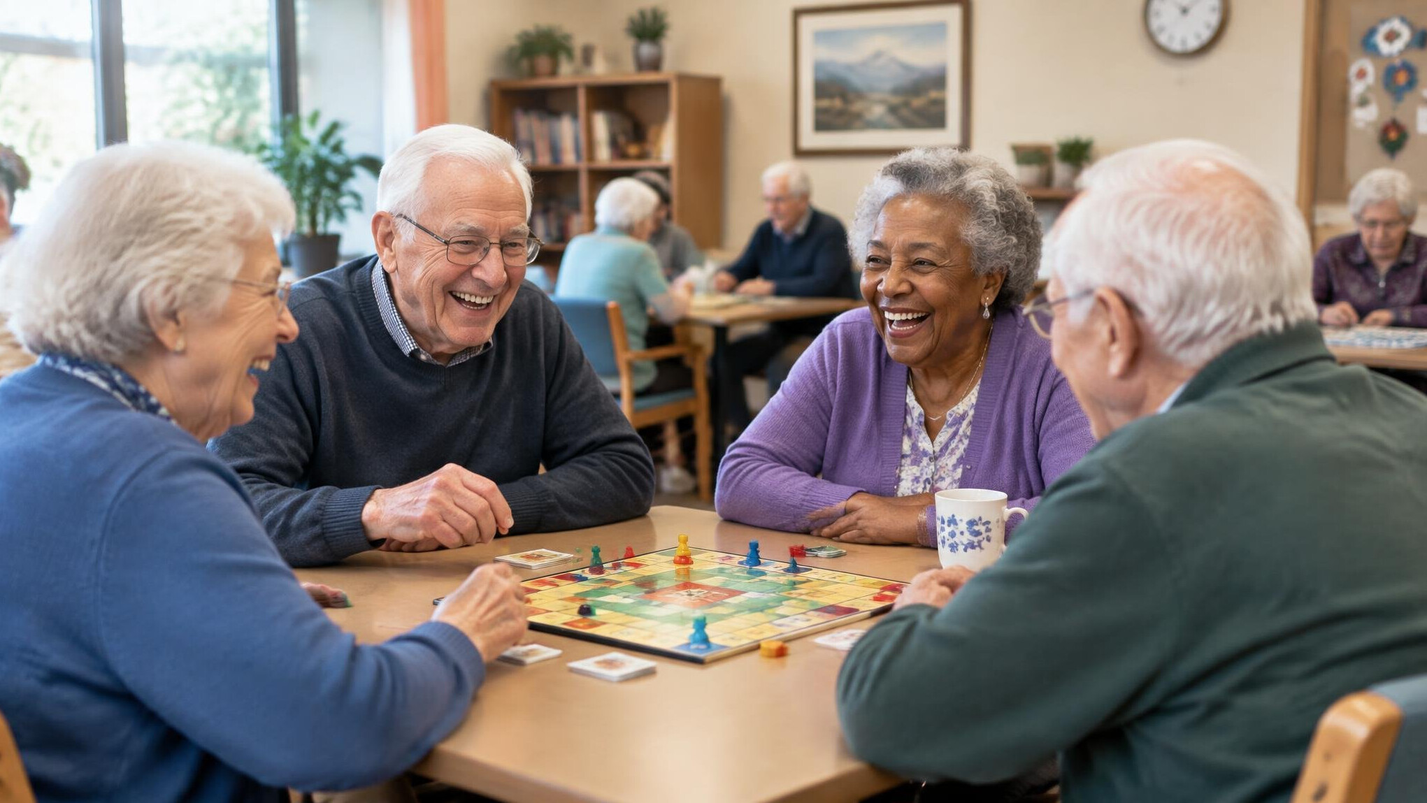 elderly friends playing board games