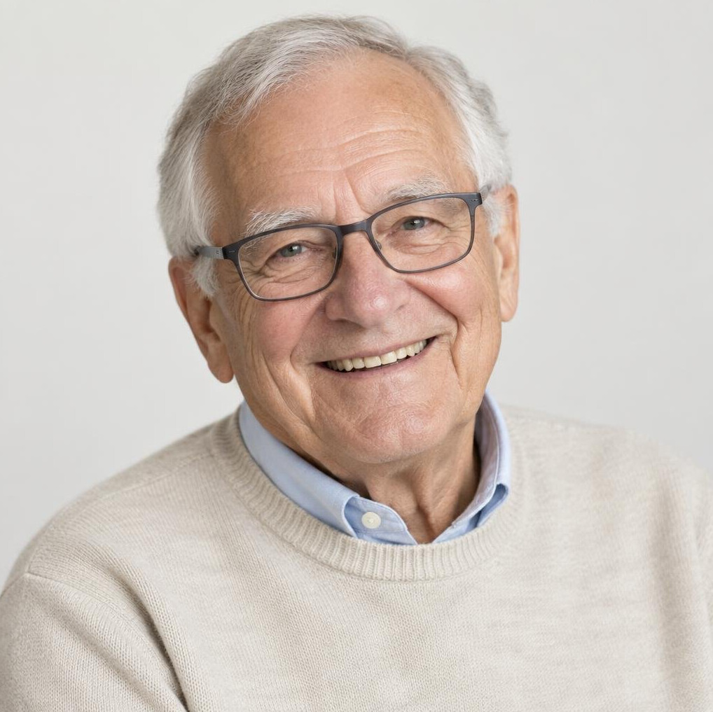 Portrait of a smiling senior European man with glasses