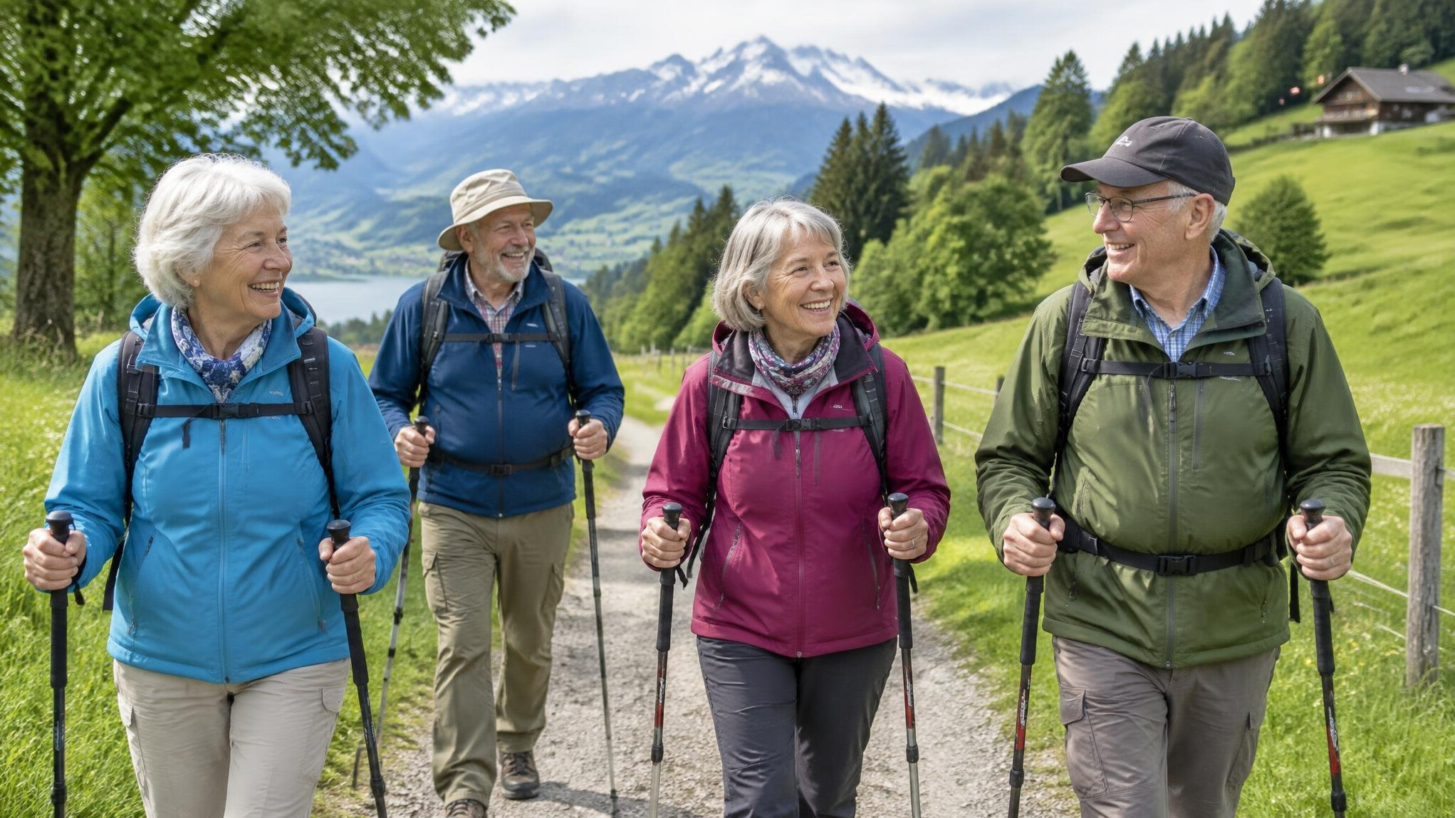 Senior European friends walking together on a nature trail in the Swiss countryside