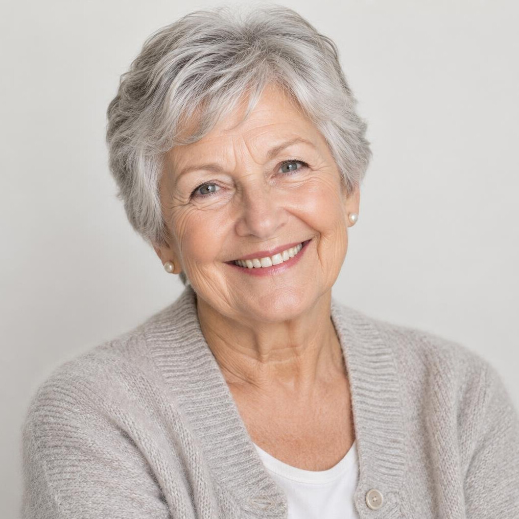 Portrait of a smiling senior European woman with grey hair