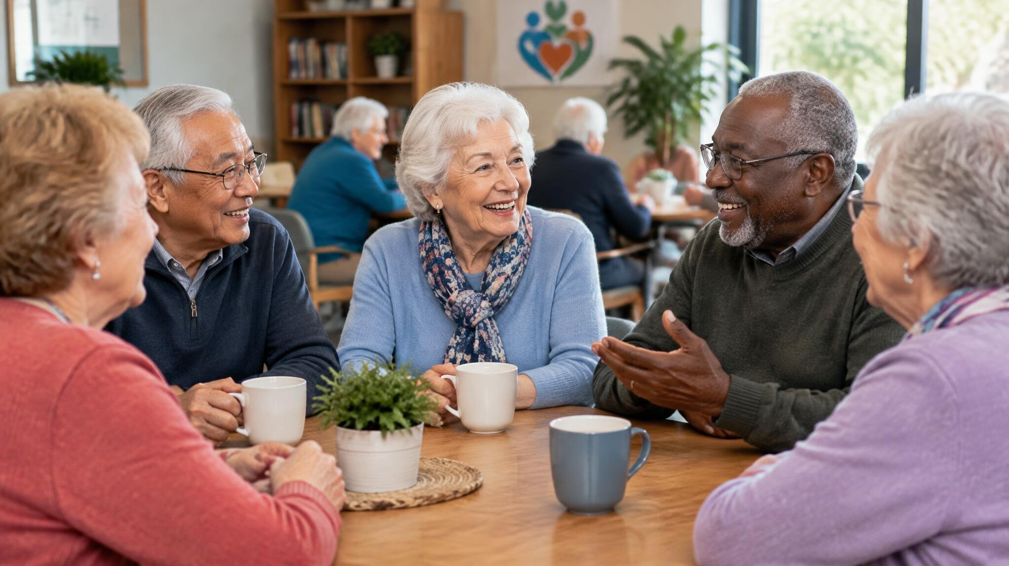 senior friends chatting in community club